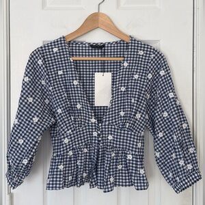 Zara NAVY BLUE WHITE GINGHAM Button Front Peasant COTTAGE CORE BLOUSE Size S NEW